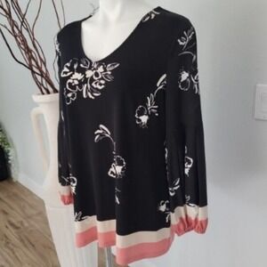 Alfani Black Floral V-Neck Blouse Pleated Balloon Sleeve Colorblock Hem M-L